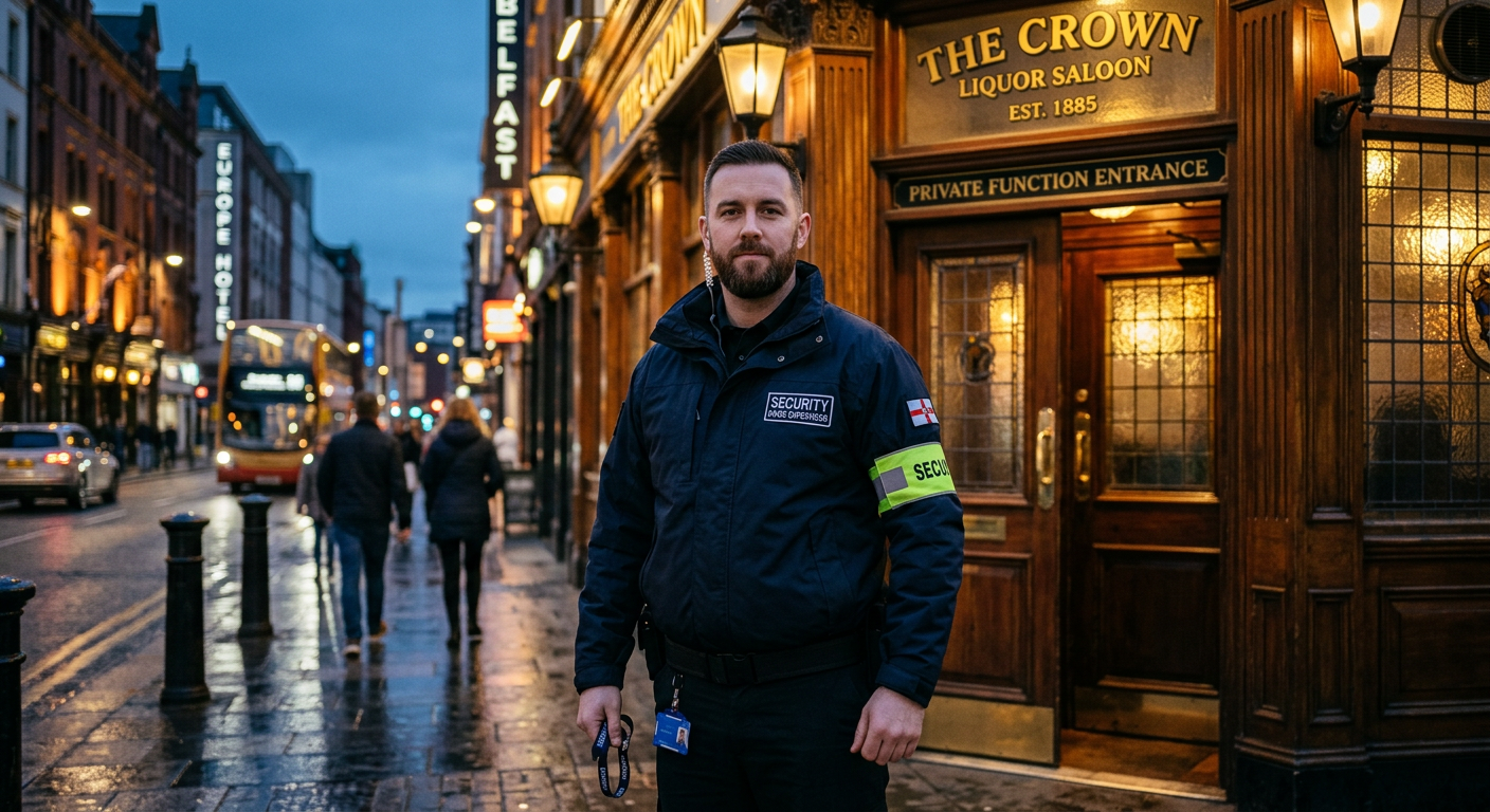 Uniformed door supervisor standing at the entrance of a venue at dusk