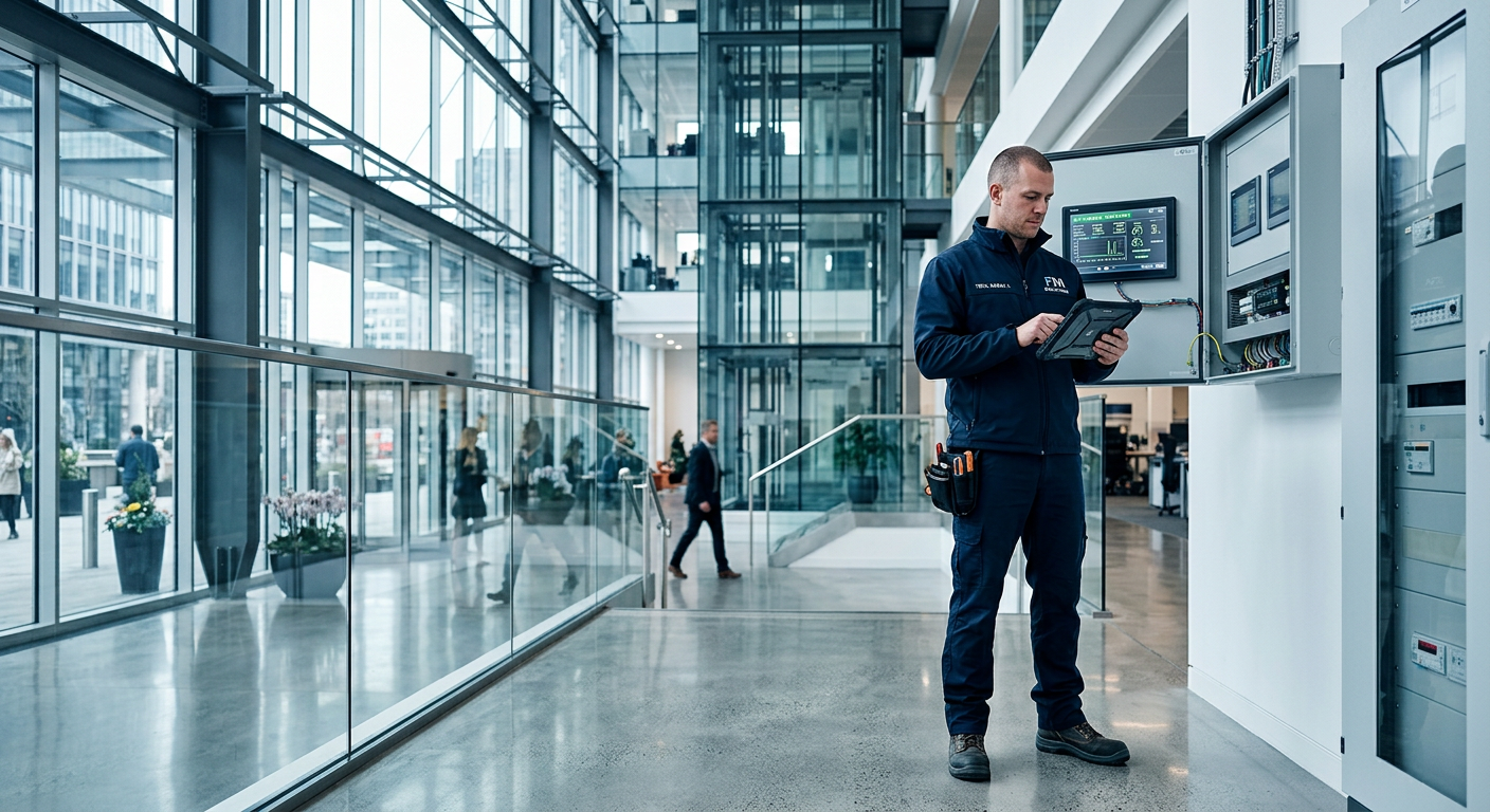 Facilities technician inspecting building systems in a modern office lobby